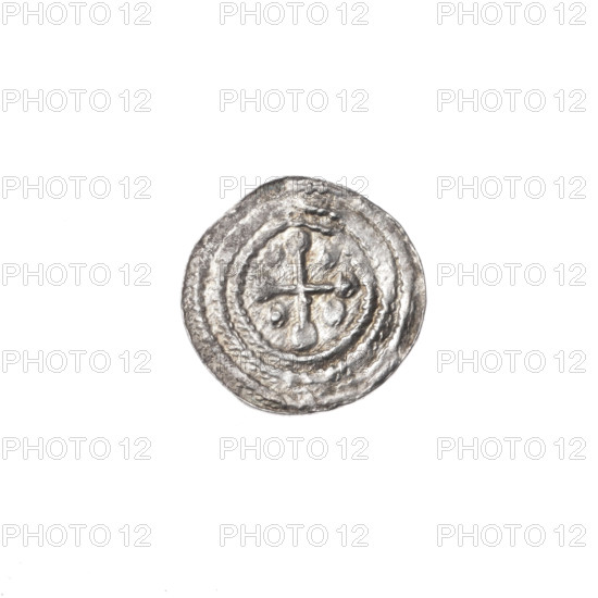 Denarius of Boleslaw III Krzywousty (prince of Poland; ca. 1086–1138). Obverse: within a linear border, a knight in chain mail thrusting a spearhead into the jaws of an upside-down dragon. Reverse: within a triple beaded border, an isosceles cross topped with spheres (one with a dot); between its arms are spheres (two with dots). Allegorical/romanesque imagery referencing knights, martyrs, Adalbert (Saint; ca. 956–997), fight between good and evil and against pagans. Date: ca. 1125–1138. Material/object: coin (denarius). Dimensions: diameter 12.2–12.8 mm; weight 0.43 g.