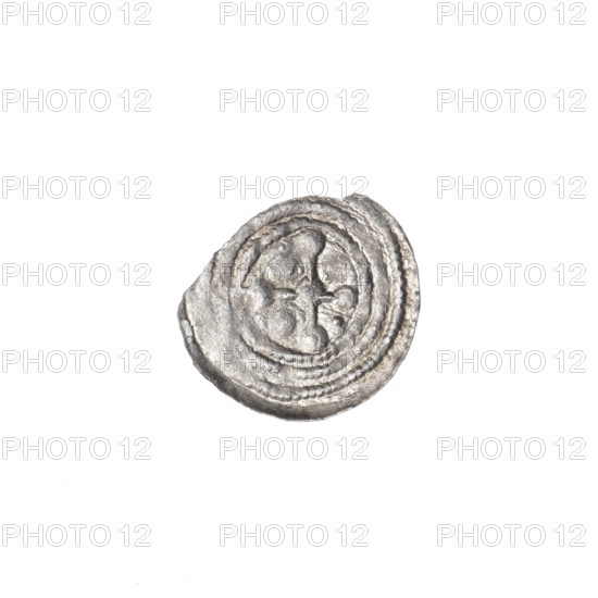 denarius, Boleslaw III Krzywousty (prince of Poland; 1086–1138), Romanesque style, allegorical depiction of a knight in chain mail thrusting a spearhead into the jaws of an upside-down dragon (fight between good and evil / fight against pagans), motifs including equal-armed/isosceles cross topped with balls (two with one dot each), balls and dot at the cross intersection and between the arms, spears, crosses, martyrs, Adalbert (Saint; ca. 956–997), ca. 1125–1138, Poland, Kraków, coin (denarius), diameter 11.1–12.8 mm, weight 0.19 g
