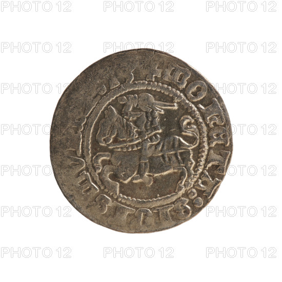 Lithuanian half-grosz, Sigismund I the Old (king of Poland; 1506–1548). Silver coin (half-grosz), 1513, Vilnius, Grand Duchy of Lithuania. Obverse: Pursuer (Pogonia) turned left; in rim between pearl borders an inscription: + COIN: SIGISMV. Reverse: Polish crowned eagle; in rim between pearly borders an inscription: + MAGNI:DVCI. Diameter ~19.8–20.2 mm; weight 1.26 g.