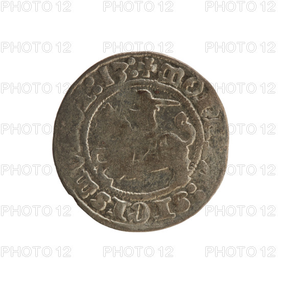 Lithuanian half-grosz, Sigismund I the Old (king of Poland; 1506–1548). Obverse: Pursuer turned left; in the rim between pearl borders an inscription: + MONE, :SIGISM, :13:. Reverse: Polish eagle with a crown; in the rim between pearly borders an inscription: +, DVCIS:L, VANIE, 1513. Jagiellon dynasty; emblems: eagle and Pursuer (Lithuania). Grand Duchy of Lithuania, Vilnius, Poland. Coin; diameter 19.2–19.8 mm; weight 1.16 g.