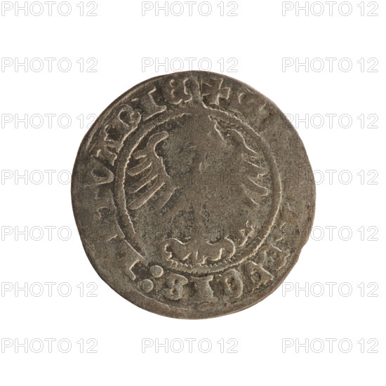 Lithuanian half-grosz, Sigismund I the Old (king of Poland; 1506–1548). Obverse: Pursuer turned left; in the rim between pearl borders an inscription: + MONE, :SIGISM, :13:. Reverse: Polish eagle with a crown; in the rim between pearly borders an inscription: +, DVCIS:L, VANIE, 1513. Jagiellon dynasty; emblems: eagle and Pursuer (Lithuania). Date: 1513. Place: Vilnius, Grand Duchy of Lithuania, Poland. Coin; diameter 19.2–19.8 mm; weight 1.16 g.