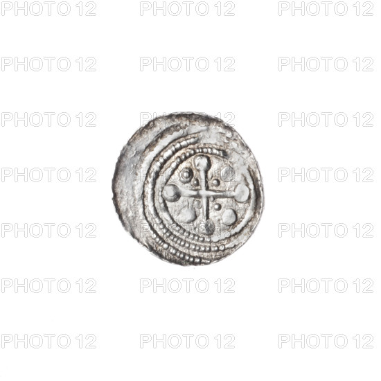 denarius, Boleslaw III Krzywousty (prince of Poland; 1086–1138), allegories, spearhead (issue mark), equal-armed cross, chain mail, crosses, mouth, martyrs, knight, Romanesque (style), dragons, Middle Ages, fight between good and evil, Adalbert (Saint; ca. 956–997), fight against pagans, spear, spears. Obv.: In the beaded border, a knight in chain mail thrusting a spearhead into the jaws of a dragon turned upside down. Rv.: In the triple beaded border, an isosceles cross topped with spheres (three of them with one dot). Between its arms radiate two spheres (smaller ones closer to the center of the cross, larger ones—one of them with a dot). In one of the quarters near the center of the cross, an additional dot. ca. 1125–1138. Poland, Kraków. Coin. Diameter 12.3–12.8 mm. Weight 0.43 g.