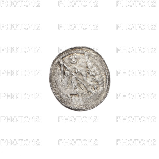 denarius, Boleslaw III Krzywousty (prince of Poland; 1086–1138), allegories, spearhead (issue mark), equal-armed cross, crosses, chain mail, martyrs, jaws, knight, Romanesque (style), knights, dragon, dragons, Middle Ages, fight between good and evil, fight against pagans, Adalbert (Saint; ca. 956–997), spears, spear. Obv. In the beaded border, a knight in chain mail thrusting a spearhead into the jaws of a dragon turned upside down. Rv. In the triple beaded border, an isosceles cross topped with spheres (one of them has a dot). Between its arms, three spheres. One arm intersects the other at approximately 1/3 of its length. ca. 1125–1138, Kraków, Poland, coin, diameter 12.2–12.9 mm, weight 0.42 g
