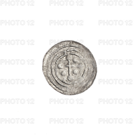 denarius, Boleslaw III Krzywousty (prince of Poland; 1107–1138), allegories, Boleslaw III Krzywousty (prince of Poland; 1086–1138), spearhead (issue mark), equal-armed cross, crosses, chain mail, chain mails, martyrs, jaws, knight, Romanesque (style), jaws, knights, dragon, dragons, Middle Ages, fight between good and evil, fight against pagans, Adalbert (Saint; ca. 956–997), spears, spear, Obv. In the beaded border, a knight in chain mail thrusting a spearhead into the jaws of a dragon turned upside down. Rv. In the triple beaded border, an isosceles cross topped with spheres (one of them has a dot). Between its arms, three spheres. One arm intersects the other at approximately 1/3 of its length. ca. 1125–1138, Kraków, Poland, coin, diameter 12.2 mm, diameter 12.9 mm, weight 0.42 g