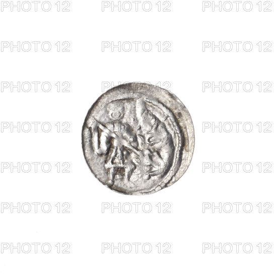 denarius, Boleslaw III Krzywousty (Prince of Poland; 1086–1138), allegories, spearhead (issue mark), chain mail, crosses, equal-armed cross, knight, Romanesque (style), jaws, dragons, martyrs, dragon, fight between good and evil, spear, Middle Ages, Adalbert (St.; ca. 956–997), fight against pagans. Obv. In the beaded border, a knight in chain mail thrusting a spearhead into the jaws of a dragon turned upside down. Rv. In the triple beaded border, an isosceles cross topped with balls; between its arms, one ball. ca. 1125–1138. Poland, Kraków. Coin. Diameter 12.6–13.1 mm. Weight 0.48 g.