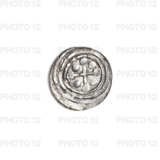 Denarius of Boleslaw III Krzywousty (Prince of Poland; 1107–1138). Obverse: in a beaded border, a knight in chain mail thrusting a spearhead into the jaws of an upside-down dragon. Reverse: in a triple beaded border, an isosceles cross topped with balls; one ball between its arms. Attributes: allegories; spearhead (issue mark); chain mail; crosses; equal-armed cross; knight; Romanesque style; jaws; dragons; martyrs; fight between good and evil; spear; Middle Ages; Adalbert (St.; ca. 956–997); fight against pagans. Date: ca. 1125–1138. Place: Kraków, Poland. Medium: coin. Diameter: 12.6–13.1 mm. Weight: 0.48 g. Maker: Boleslaw III Krzywousty.