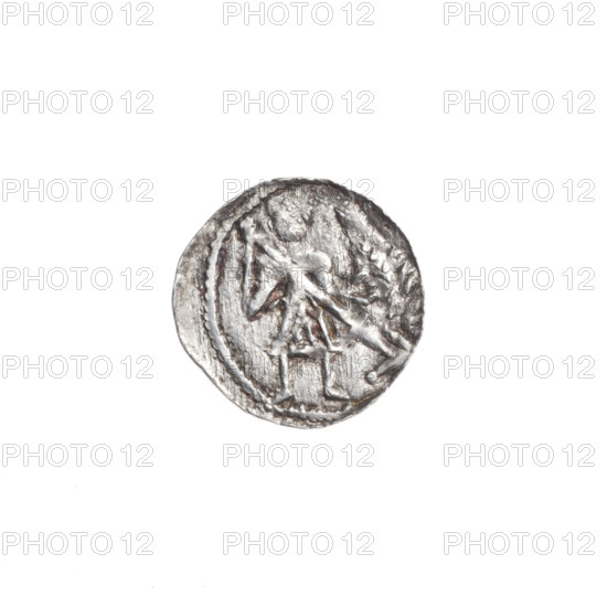 denarius, Boleslaw III Krzywousty (prince of Poland; 1086–1138), allegories, equal-armed cross, chain mail, crosses, jaws, spearhead (issue mark), knight, martyrs, dragons, Romanesque (style), dragon, knights, Middle Ages, fight against pagans, fight between good and evil, spear, spears, Wojciech (St.; ca. 956–997), Obv. In the beaded border, a knight in chain mail thrusting a spearhead into the jaws of a dragon turned upside down. Rv. In the triple beaded border, an isosceles cross topped with balls. Between its arms, one ball. ca. 1125–1138, Poland, Kraków, coin, diameter 12.7–13.0 mm, weight 0.42 g
