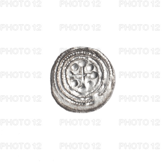 denarius, Boleslaw III Krzywousty (prince of Poland; 1107–1138), allegories, Boleslaw III Krzywousty (prince of Poland; 1086–1138), equal-armed cross, chain mail, crosses, jaws, spearhead (issue mark), knight, martyrs, dragons, Romanesque (style), jaws, dragon, knights, Middle Ages, fight against pagans, fight between good and evil, spear, spears, Wojciech (St.; ca. 956–997), Obv.: in the beaded border, a knight in chain mail thrusting a spearhead into the jaws of a dragon turned upside down. Rv.: in the triple beaded border, an isosceles cross topped with balls; between its arms, one ball. ca. 1125–1138, Poland, Kraków, coin, diameter 12.7–13.0 mm, weight 0.42 g
