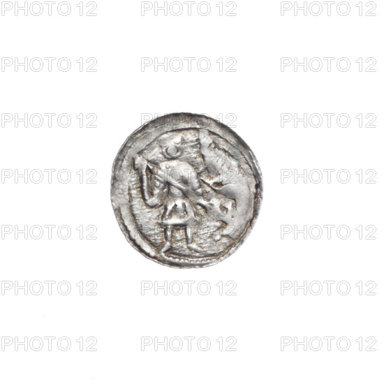 denarius, Boleslaw III Krzywousty (prince of Poland; 1086–1138), allegories, spearhead (issue mark), equal-armed cross (iconographic), crosses, chain mail (iconographic), jaws (iconographic), chain mails, martyrs, knight (iconographic), dragons, Romanesque (style), dragon (iconographic), jaws, knights, Adalbert (St.; ca. 956–997), fight between good and evil (iconographic), fight against pagans (iconographic), spears, Middle Ages, spear (iconographic). Obv. In the beaded border, a knight in chain mail thrusting a spearhead into the jaws of a dragon turned upside down. Rv. In the triple beaded border, an isosceles cross topped with balls (one of them has a dot). At the intersection of the arms, a ball. Between them, a sun. One arm intersects the other at approximately 1/3 of its length. ca. 1125–1138. Poland, Kraków. Coin, diameter 12.7 mm, weight 0.41 g.