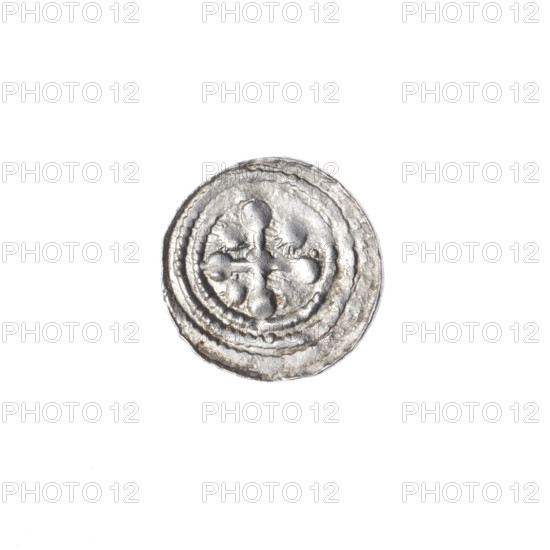 Denarius, Boleslaw III Krzywousty (prince of Poland; 1086–1138). Romanesque, ca. 1125–1138, Poland, Kraków. Coin (denarius), diameter 12.7 mm, weight 0.41 g. Obverse: in a beaded border, a knight in chain mail thrusting a spearhead into the jaws of an upside-down dragon; iconography includes spearhead, chain mail, jaws, knight, dragon, fight between good and evil, fight against pagans, martyrs, Adalbert (St. ca. 956–997). Reverse: in a triple beaded border, an isosceles cross topped with balls (one with a dot); at the intersection of the arms a ball, between them a sun; one arm intersects the other at approximately 1/3 of its length.