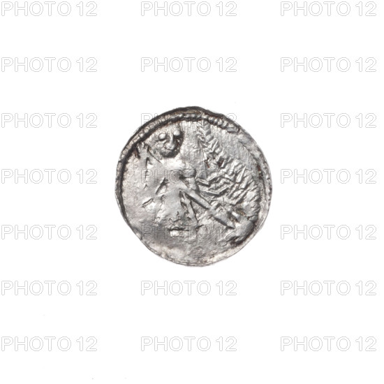 denarius, Boleslaw III Krzywousty (prince of Poland; 1086–1138), allegories, equal-armed cross, crosses, jaws, chain mail, knight, spearhead (issue mark), martyrs, Romanesque (style), dragon, Adalbert (Saint; ca. 956–997), Middle Ages, fight between good and evil, spear, fight against pagans. Obv.: In the beaded border, a knight in chain mail thrusting a spearhead into the jaws of a dragon turned upside down. Rv.: In the triple beaded border, an isosceles cross topped with spheres (one with a dot). Between its arms radiate two spheres (smaller ones closer to the center, larger ones farther). ca. 1125–1138, Poland, Kraków, coin, diameter 12.3–13.1 mm, weight 0.62 g.