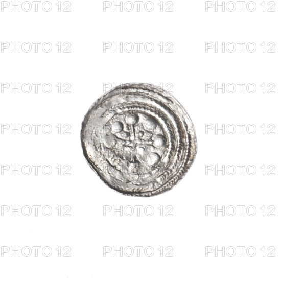 Denarius of Boleslaw III Krzywousty (prince of Poland; ca. 1086–1138). Obverse: within a beaded border, a knight in chain mail thrusting a spearhead into the jaws of an upside-down dragon; depiction references Adalbert and martyrs, fight between good and evil, fight against pagans. Reverse: within a triple beaded border, an isosceles cross topped with spheres (one with a dot); between its arms radiate two spheres (smaller ones near the center, larger ones farther out). Romanesque style; spears, crosses, knights, chain mail. Struck ca. 1125–1138, Poland (Kraków). Coin (denarius), diameter 12.3–13.1 mm, weight 0.62 g.