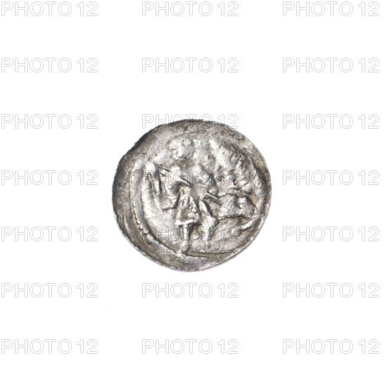 denarius, Boleslaw III Krzywousty (prince of Poland; 1107–1138), allegories, Boleslaw III Krzywousty (prince of Poland; 1086–1138), spearhead (issue mark), chain mail (iconographic), crosses, equal-armed cross (iconographic), jaws (iconographic), chain mail, knight (iconographic), martyrs, Romanesque (style), dragon (iconographic), jaws, dragons, knights, Adalbert (St.; ca. 956–997), Jastrzebowski, Stanislaw (1898–1980), fight between good and evil (iconographic), Middle Ages, fight against pagans (iconographic), spears, spear (iconographic). Obv.: In the beaded border, a knight in chain mail thrusting a spearhead into the jaws of a dragon turned upside down. Rv.: In the triple beaded border, an isosceles cross topped with balls; at the intersection of the arms, a ball; between them, one sun. ca. 1125–1138. Poland, Kraków. Coin. Diameter 12.4–12.9 mm. Weight 0.40 g.