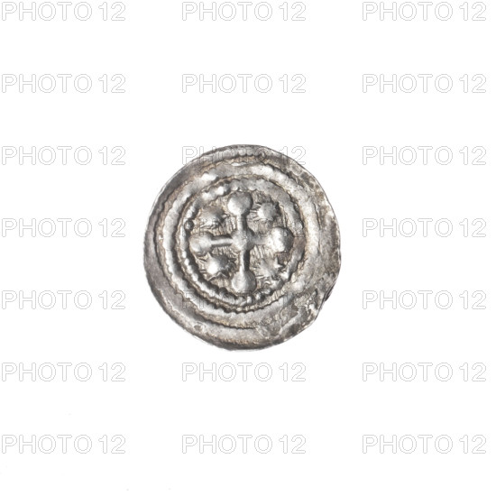 denarius, Boleslaw III Krzywousty (prince of Poland; 1107–1138), allegories, Boleslaw III Krzywousty (prince of Poland; 1086–1138), spearhead (issue mark), chain mail (iconographic), crosses, equal-armed cross (iconographic), jaws (iconographic), chain mail, knight (iconographic), martyrs, Romanesque (style), dragon (iconographic), jaws, dragons, knights, Adalbert (St.; ca. 956–997), fight between good and evil (iconographic), Middle Ages, fight against pagans (iconographic), spears, spear (iconographic). Obv.: In the beaded border, a knight in chain mail thrusting a spearhead into the jaws of a dragon turned upside down. Rv.: In the triple beaded border, an isosceles cross topped with balls; at the intersection of the arms, a ball; between them, one sun. ca. 1125–1138; Poland, Kraków; coin; diameter 12.4–12.9 mm; weight 0.40 g