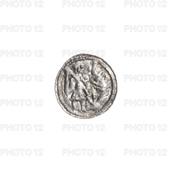denarius, Boleslaw III Krzywousty (prince of Poland; 1086–1138), allegories, spearhead (issue mark), chain mail (iconographic), equal-armed cross (iconographic), crosses, jaws (iconographic), martyrs, knight (iconographic), Romanesque (style), dragons, dragon (iconographic), Middle Ages, fight between good and evil (iconographic), Adalbert (Saint; ca. 956–997), fight against pagans (iconographic), spears, spear (iconographic). Obv.: In the beaded border, a knight in chain mail thrusting a spearhead into the jaws of a dragon turned upside down. Rv.: In the triple beaded border, an isosceles cross topped with balls; between its arms, one ball; one arm intersects the other at approximately 1/3 of its length. ca. 1125–1138, Kraków, Poland. Coin. Diameter 11.4–11.9 mm; weight 0.41 g.