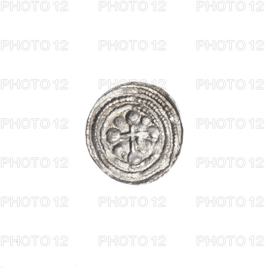 Denarius, Boleslaw III Krzywousty (prince of Poland; ca. 1086–1138). Obverse: in the beaded border, a knight in chain mail thrusting a spearhead into the jaws of an upside-down dragon. Reverse: in the triple beaded border, an isosceles cross topped with balls; between its arms one ball; one arm intersects the other at approximately 1/3 of its length. Iconography: spearhead, chain mail, equal-armed cross, crosses, jaws, martyrs, knight, Romanesque style, dragons, dragon, fight between good and evil, Adalbert (Saint; ca. 956–997), fight against pagans, spears. Date: ca. 1125–1138. Place: Kraków, Poland. Object type: coin (denarius). Diameter: 11.4–11.9 mm. Weight: 0.41 g.