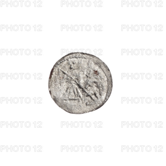 Denarius, Boleslaw III Krzywousty (prince of Poland; 1086–1138). Obverse: in the beaded border, a knight in chain mail thrusting a spearhead into the jaws of an upside-down dragon. Reverse: in the triple beaded border, an isosceles cross topped with balls; at the intersection of the arms, a ball; between the arms, one ball. Iconography: spearhead, chain mail, equal-armed cross, crosses, mouth, martyrs, knight, Romanesque style, dragons, fight between good and evil, fight against pagans, spears, mouths. Date: ca. 1125–1138. Place: Kraków, Poland. Medium/function: coin (denarius). Diameter: 11.8 mm. Weight: 0.29 g.