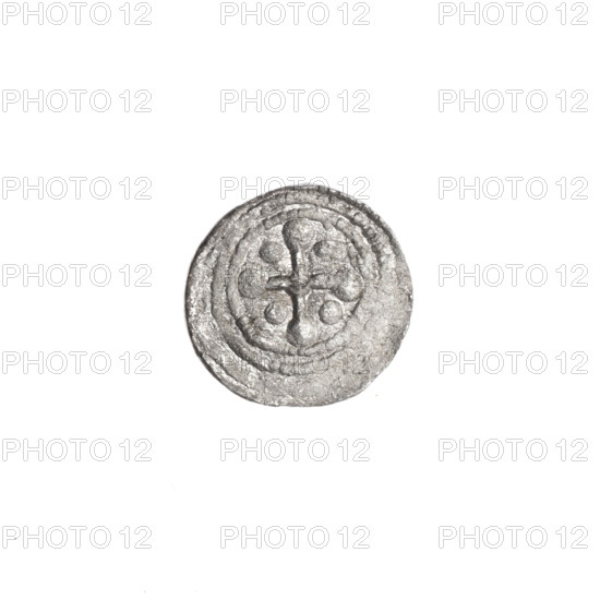 denarius, Boleslaw III Krzywousty (prince of Poland; 1107–1138), allegories, spearhead (issue mark), chain mail (iconographic), equal-armed cross (iconographic), crosses, mouth (iconographic), martyrs, knight (iconographic), Romanesque (style), knights, dragons, dragon (iconographic), Middle Ages, fight between good and evil (iconographic), fight against pagans (iconographic), spears, spear (iconographic), mouths. Obv. In the beaded border, a knight in chain mail thrusting a spearhead into the jaws of a dragon turned upside down. Rv. In the triple beaded border, an isosceles cross topped with balls; at the intersection of the arms, a ball; between them, one ball. ca. 1125–1138, Poland, Kraków, coin, diameter 11.8 mm, weight 0.29 g.