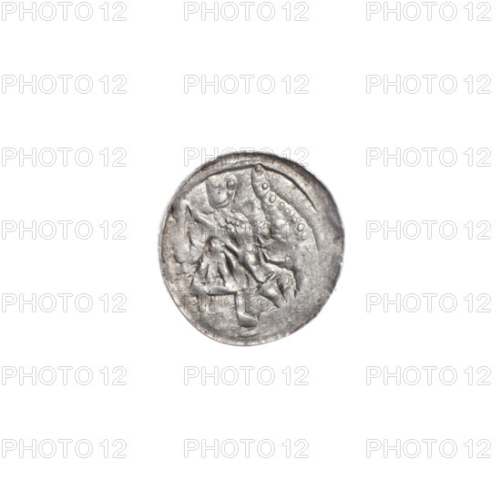 Denarius, Boleslaw III Krzywousty (prince of Poland; 1086–1138). Obverse: in a linear border, a knight in chain mail thrusting a spearhead into the jaws of an upside-down dragon. Reverse: in a triple beaded border, an isosceles cross topped with balls; at the intersection of the arms a ball; between the arms one ball (two of them have one dot). Iconography: spearhead, equal-armed cross, chain mail, crosses, jaws, knight, dragon, martyrs, fight between good and evil, fight against pagans, spears, Adalbert (Saint; ca. 956–997). Romanesque style. Ca. 1125–1138. Poland, Kraków. Coin (denarius). Diameter 11.9–12.2 mm. Weight 0.36 g.