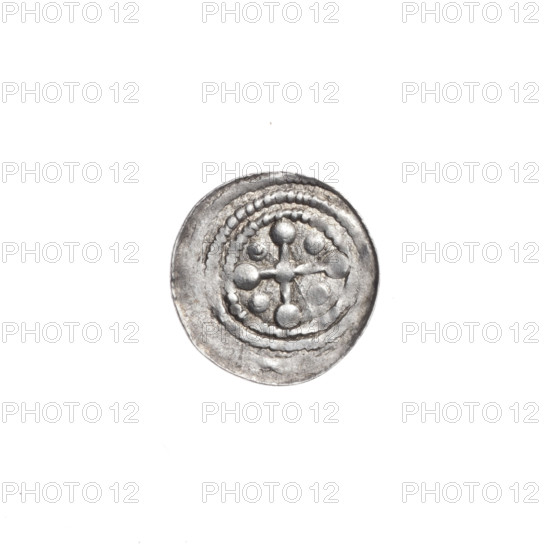 Denarius, Boleslaw III Krzywousty (prince of Poland; 1086–1138). Obverse: in a linear border, a knight in chain mail thrusting a spearhead into the jaws of an upside-down dragon. Reverse: in a triple beaded border, an isosceles cross topped with balls; at the intersection of the arms a ball; between the arms one ball (two of them have one dot). Iconography: spearhead, equal-armed cross, chain mail, crosses, jaws, knight, dragon, martyrs, fight between good and evil, fight against pagans, Adalbert (Saint; ca. 956–997), spears. Romanesque style, Middle Ages. Ca. 1125–1138. Poland, Kraków. Coin. Diameter 11.9–12.2 mm. Weight 0.36 g.