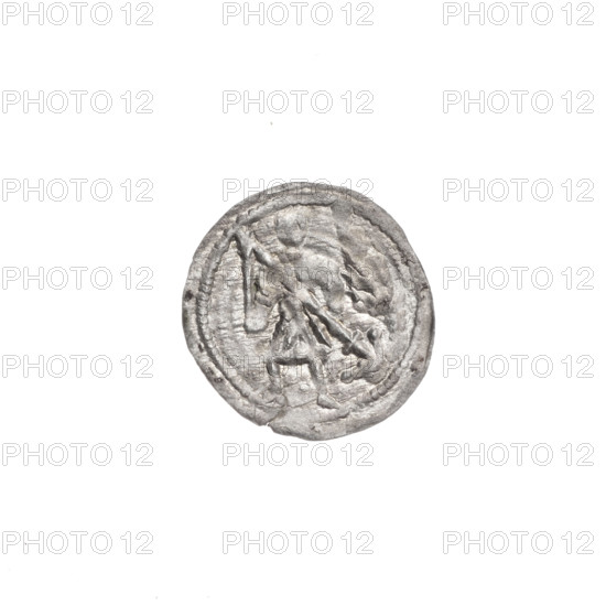 denarius, Boleslaw III Krzywousty (prince of Poland; 1107–1138), Boleslaw III Krzywousty (prince of Poland; 1086–1138), spearhead (issue mark), equal-armed cross (iconographic), chain mail, crosses, chain mail (iconographic), jaws (iconographic), allegories, martyrs, knight (iconographic), dragons, jaws, dragon (iconographic), knights, Middle Ages, fight between good and evil (iconographic), fight against pagans (iconographic), Romanesque (style), spear (iconographic), Adalbert (Saint; ca. 956–997), spears. Obv. In the beaded border, a knight in chain mail thrusting a spearhead into the jaws of a dragon turned upside down. Rv. In the triple beaded border, an isosceles cross topped with balls. Between its arms, one ball. One arm intersects the other at approximately 1/3 of its length. ca. 1125–1138. Poland, Kraków. Coin. Diameter 12.8–13.4 mm. Weight 0.22 g.