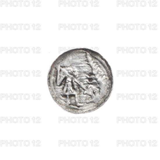 Denarius of Boleslaw III Krzywousty (prince of Poland; ca. 1107–1138). Obverse: within a linear border, a knight in chain mail thrusting a spearhead into the jaws of an upside-down dragon. Reverse: within a triple beaded border, an isosceles cross topped with spheres (one with a dot); between its arms, a sphere (one with a dot). Allegorical Romanesque imagery: knight, dragons, fight between good and evil, fight against pagans; references to Adalbert (St.; ca. 956–997). Issue mark: spearhead; motifs include equal-armed cross, chain mail, crosses, spears, mouths. Date: ca. 1125–1138. Place: Poland, Kraków. Coin; diameter 12.8–13.2 mm; weight 0.52 g.
