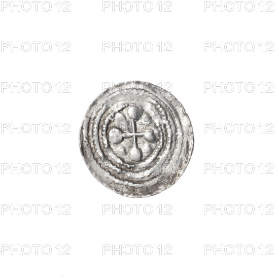 denarius, Boleslaw III Krzywousty (prince of Poland; 1086–1138), allegories, spearhead (issue mark), equal-armed cross, chain mail, crosses, knight, dragons, martyrs, mouth, Romanesque (style), knight, dragon, Adalbert (St.; ca. 956–997), fight between good and evil, fight against pagans, spear, mouths, spears, Middle Ages. Obv. In the linear border, a knight in chain mail thrusting a spearhead into the jaws of a dragon turned upside down. Rv. In the triple beaded border, an isosceles cross topped with spheres (one with a dot); between its arms, one sphere (one with a dot). ca. 1125–1138. Poland, Kraków. Coin. Diameter 12.8–13.2 mm. Weight 0.52 g.