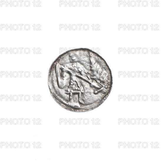 denarius, Boleslaw III Krzywousty (prince of Poland; 1086–1138), Romanesque, ca. 1125–1138, Poland, Kraków; coin; diameter 12.2 mm; weight 0.40 g. Obv.: In the beaded border, a knight in chain mail thrusting a spearhead into the jaws of an upside-down dragon. Rv.: In the triple beaded border, an isosceles (equal-armed) cross topped with balls; between its arms, one ball (one dot on each). Themes: allegories, martyrs, knight, dragons, fight against pagans, fight between good and evil, Adalbert (Saint; ca. 956–997).