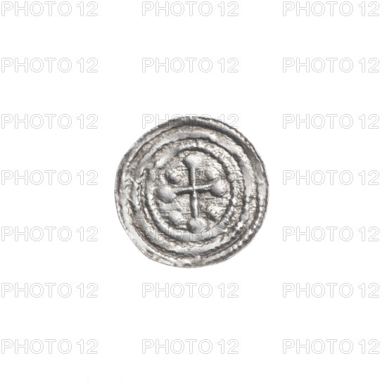 denarius, Boleslaw III Krzywousty (prince of Poland; 1086–1138), allegories, chainmail, equal-armed cross, crosses, mouth, spearhead (issue mark), martyrs, knight, Romanesque (style), knights, dragon, dragons, mouths, Middle Ages, fight against pagans, fight between good and evil, Adalbert (Saint; ca. 956–997), spear, spears. Obverse: in the beaded border, a knight in chain mail thrusting a spearhead into the jaws of a dragon turned upside down. Reverse: in the triple beaded border, an isosceles cross topped with balls; between its arms, one ball (one dot on each). ca. 1125–1138, Poland, Kraków; coin; diameter 12.2 mm; weight 0.40 g.