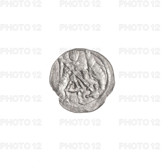denarius, Boleslaw III Krzywousty (prince of Poland; 1086–1138), allegories, spearhead (issue mark), equal-armed cross (iconographic), chain mail (iconographic), chain mails, crosses, mouth (iconographic), martyrs, knight (iconographic), Romanesque (style), mouths, dragons, knights, dragon (iconographic), Middle Ages, fight against pagans (iconographic), spear (iconographic), spears, fight between good and evil (iconographic), Adalbert (Saint; ca. 956–997). Obv.: In the beaded border, a knight in chain mail thrusting a spearhead into the jaws of a dragon turned upside down. Rv.: In the triple beaded border, an isosceles cross topped with balls; between its arms, three balls; one arm intersects the other at approximately 1/3 of its length. Ca. 1125–1138, Poland, Kraków, coin; diameter 12.1–12.6 mm, weight 0.26 g.