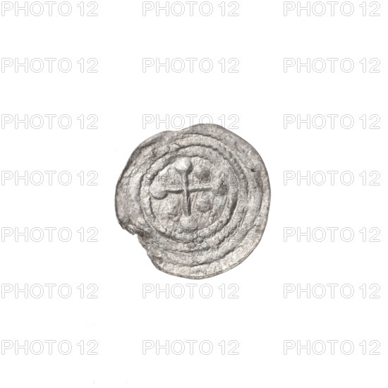 denarius, Boleslaw III Krzywousty (prince of Poland; 1107–1138), allegories, Boleslaw III Krzywousty (prince of Poland; 1086–1138), spearhead (issue mark), equal-armed cross (iconographic), chain mail (iconographic), chain mails, crosses, mouth (iconographic), martyrs, knight (iconographic), Romanesque (style), mouths, dragons, knights, dragon (iconographic), Middle Ages, fight against pagans (iconographic), spear (iconographic), spears, fight between good and evil (iconographic), Adalbert (Saint; ca. 956–997). Obv.: In the beaded border, a knight in chain mail thrusting a spearhead into the jaws of a dragon turned upside down. Rv.: In the triple beaded border, an isosceles cross topped with balls. Between its arms, three balls. One arm intersects the other at approximately 1/3 of its length. ca. 1125–1138, Poland, Kraków, coin, diameter 12.1–12.6 mm, weight 0.26 g