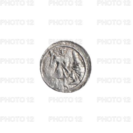 Denarius of Boleslaw III Krzywousty (prince of Poland; ca. 1086–1138), ca. 1125–1138. Obverse: in a linear border, a knight in chain mail thrusting a spearhead into the jaws of an upside-down dragon. Reverse: in a triple beaded border, an isosceles cross topped with balls; a ball at the intersection of the arms and another ball between them; one arm intersects the other at approximately 1/3 of its length. Allegorical imagery (martyrs, fight of good against evil, fight against pagans); Romanesque style. Spearhead (issue mark), spears, crosses, equal-armed cross, chain mail, jaws, dragons, knight. Inscription references: Boleslaw III Krzywousty, Wojciech (St.; ca. 956–997). Poland, Kraków. Coin; diameter 12.1–12.3 mm; weight 0.45 g.