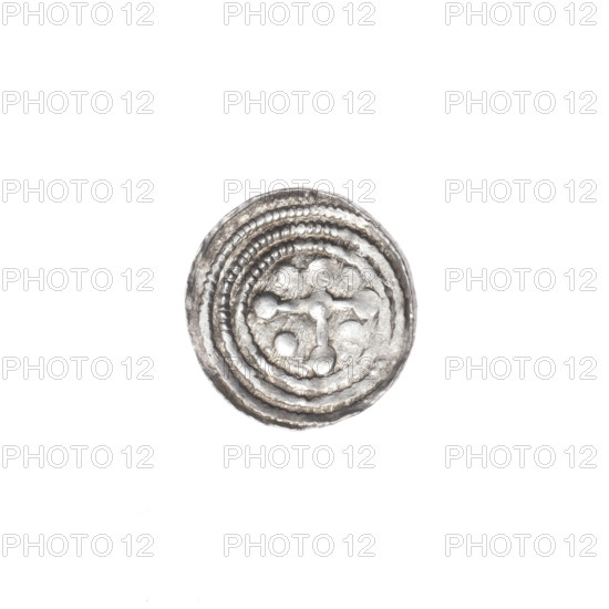 denarius, Boleslaw III Krzywousty (prince of Poland; 1086–1138; reign 1107–1138), allegories, spearhead (issue mark), crosses, equal-armed cross, chain mail, jaws, martyrs, dragons, knight, Middle Ages, fight of good against evil, fight against pagans, spear, Romanesque (style), dragon, knights, Wojciech (St.; ca. 956–997), Obv. In the linear border, a knight in chain mail thrusting a spearhead into the jaws of a dragon turned upside down. Rv. In the triple beaded border, an isosceles cross topped with balls. At the intersection of the arms, a ball. Between them, one ball. One arm intersects the other at approximately 1/3 of its length. ca. 1125–1138, Poland, Kraków, coin, diameter 12.1–12.3 mm, weight 0.45 g