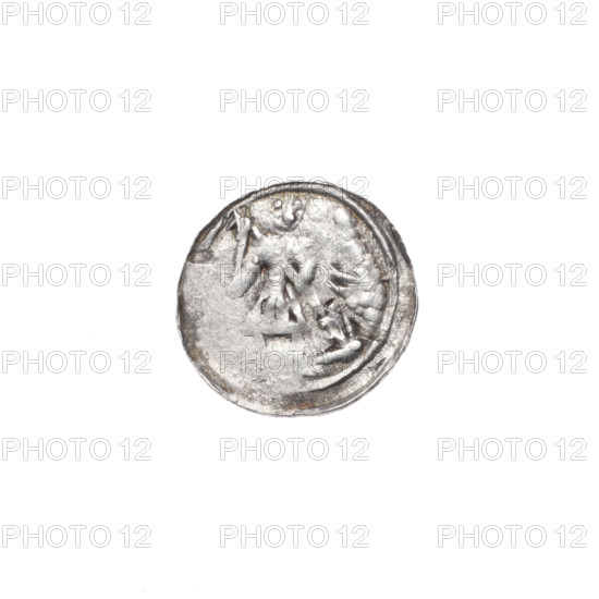 Denarius, Boleslaw III Krzywousty (prince of Poland; 1086–1138). Obverse: in the linear border, a knight in chain mail thrusting a spearhead into the jaws of an upside-down dragon. Reverse: in the triple beaded border, an isosceles cross topped with balls; at the intersection of the arms, a ball; between the arms, one ball. Allegorical imagery referencing Adalbert (St.; ca. 956–997), martyrs, fight against pagans, and the struggle between good and evil. Romanesque style. Issue mark: spearhead. Date ca. 1125–1138. Poland, Kraków. Coin; diameter 12.3–12.6 mm; weight 0.41 g.