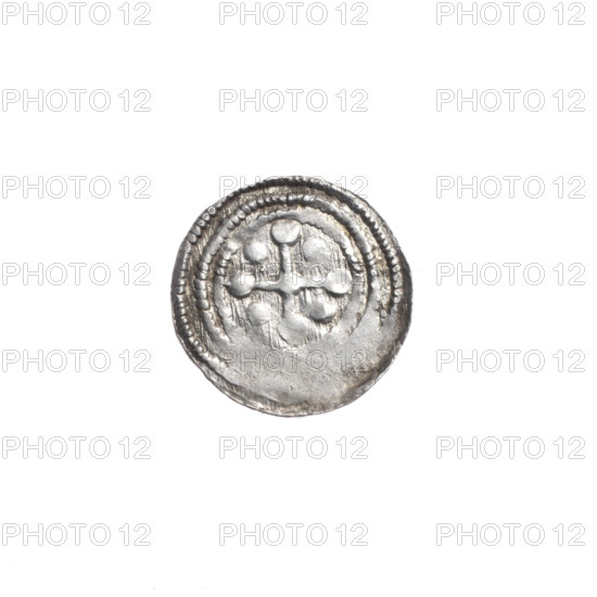 Denarius of Boleslaw III Krzywousty (prince of Poland; reign 1107–1138). Obverse: in a linear border, a knight in chain mail thrusting a spearhead into the upside-down jaws of a dragon; depiction includes equal-armed cross motifs, spear(s), crosses, martyrs/knights, dragons, Romanesque style, fight between good and evil, Adalbert (St.; ca. 956–997) referenced. Reverse: in a triple beaded border, an isosceles cross topped with balls, with a ball at the intersection and another between the arms. Date ca. 1125–1138. Poland, Kraków. Coin; diameter 12.3–12.6 mm; weight 0.41 g.