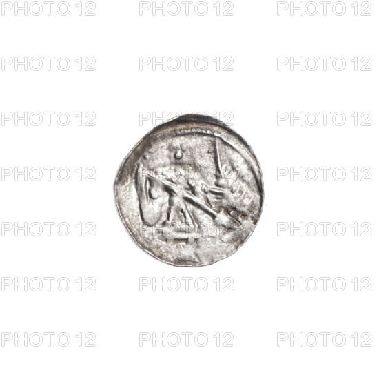 denarius, Boleslaw III Krzywousty (Prince of Poland; 1107–1138), allegories, equal-armed cross, spearhead (issue mark), chain mail, crosses, martyrs, jaws, knight, dragons, knights, Romanesque (style), dragon, Adalbert (Saint; ca. 956–997), Middle Ages, fight between good and evil, fight against pagans, spear. Obv.: In the beaded border, a knight in chain mail thrusting a spearhead into the jaws of an upside-down dragon. Rv.: In the triple beaded border, an isosceles cross topped with balls; between its arms, one ball (one dot on each). Ca. 1125–1138. Poland, Kraków. Coin. Diameter 12.1–12.6 mm. Weight 0.47 g.