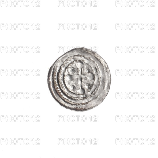 denarius, Boleslaw III Krzywousty (Prince of Poland; 1086–1138), allegories, equal-armed cross, spearhead (issue mark), chain mail, crosses, martyrs, jaws, knight, dragons, knights, Romanesque (style), dragon, Adalbert (Saint; ca. 956–997), Middle Ages, fight between good and evil, fight against pagans, spear, spears. Obv. In the beaded border, a knight in chain mail thrusting a spearhead into the jaws of a dragon turned upside down. Rv. In the triple beaded border, an isosceles cross topped with balls. Between its arms, one ball (one dot on each). ca. 1125–1138. Poland, Kraków. Coin. Diameter 12.1–12.6 mm. Weight 0.47 g.