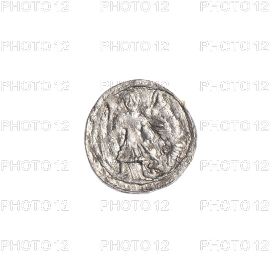 Denarius of Boleslaw III Krzywousty (prince of Poland; 1107–1138). Obverse: in the linear border, a knight in chain mail thrusting a spearhead into the jaws of an upside-down dragon. On either side of the knight's right elbow, one ball. In the triple beaded border, an isosceles cross topped with balls; at the intersection of the arms, a ball; between the arms, one ball (two of them with a single dot). Iconography: spearhead, equal-armed cross, chain mail, dragon, knight, mouths; themes of martyrs, fight between good and evil and fight against pagans; Romanesque style. References Saint Adalbert (ca. 956–997). Circa 1125–1138. Poland, Kraków. Coin; diameter 12.8 mm; weight 0.52 g.