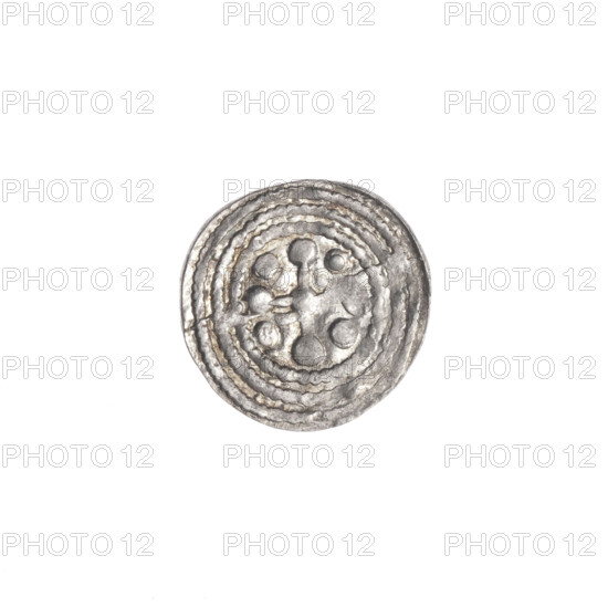 Denarius of Boleslaw III Krzywousty (prince of Poland; ca. 1107–1138). Obverse: in the linear border, a knight in chain mail thrusting a spearhead into the jaws of an upside-down dragon; one ball on either side of the knight's right elbow. In the triple beaded border, an isosceles cross topped with balls; a ball at the intersection of the arms; between the arms one ball (two of them with a single dot). Iconography: spearhead, equal-armed cross, chain mail, crosses, mouth, martyrs, knight, dragons, Romanesque style, fight between good and evil, fight against pagans, spear, Saint Adalbert. ca. 1125–1138, Poland, Kraków. Coin; diameter 12.8 mm; weight 0.52 g.