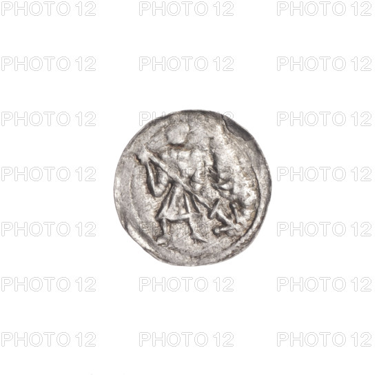 denarius, Boleslaw III Krzywousty (prince of Poland; 1086–1138), allegories, equal-armed cross, crosses, chain mail, spearhead (issue mark), jaws, martyrs, knight, Romanesque (style), dragons, dragon, knights, fight between good and evil, Middle Ages, spear, fight against pagans, Adalbert (Saint; ca. 956–997). Obv.: In the beaded border, a knight in chain mail thrusting a spearhead into the jaws of a dragon turned upside down. Rv.: In the triple beaded border, an isosceles cross topped with spheres (one with a dot). Between its arms, three spheres. One arm intersects the other at approximately 1/3 of its length. ca. 1125–1138. Poland, Kraków. Coin. Diameter 12.7–13.2 mm. Weight 0.38 g.