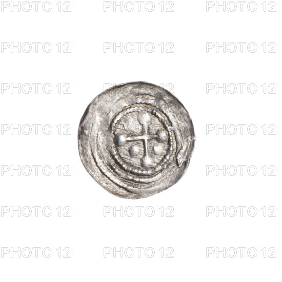denarius, Boleslaw III Krzywousty (prince of Poland; 1086–1138), allegories, equal-armed cross, crosses, chain mail, spearhead (issue mark), jaws, martyrs, knight, Romanesque (style), dragons, dragon, knights, fight between good and evil, Middle Ages, spear, fight against pagans, Adalbert (Saint; ca. 956–997), spears. Obv.: In the beaded border, a knight in chain mail thrusting a spearhead into the jaws of an upside-down dragon. Rv.: In the triple beaded border, an isosceles cross topped with spheres (one with a dot). Between its arms, three spheres. One arm intersects the other at approximately 1/3 of its length. ca. 1125–1138, Poland, Kraków, coin, diameter 12.7–13.2 mm, weight 0.38 g