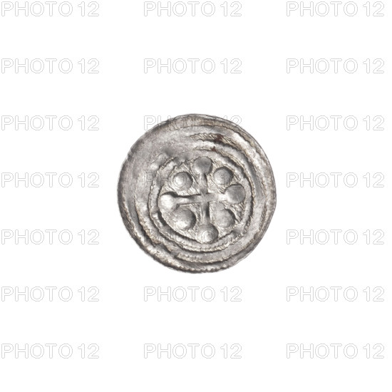 denarius, Boleslaw III Krzywousty (prince of Poland; 1086–1138; ruler 1107–1138), Romanesque, Middle Ages; iconography: knight in chain mail, chain mail, equal-armed cross, crosses, spearhead (issue mark), spear, jaws, dragon, martyrs, knights, fight between good and evil, fight against pagans, Adalbert (St.; ca. 956–997). Obv.: in the beaded border, a knight in chain mail thrusting a spearhead into the jaws of an upside-down dragon. Rv.: in the triple beaded border, an isosceles cross topped with balls; between its arms, one ball. ca. 1125–1138; Poland, Kraków; coin; diameter 12.6 mm; weight 0.40 g