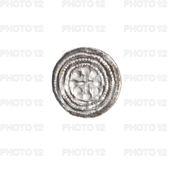 denarius, Boleslaw III Krzywousty (prince of Poland; 1086–1138), allegories, equal-armed cross, crosses, spearhead (issue mark), chain mail, martyrs, jaws, knight, dragons, knights, Romanesque (style), dragon, Middle Ages, Adalbert (St.; ca. 956–997), fight against pagans, fight between good and evil, spears, spear. Obv. In the linear border, a knight in chain mail thrusting a spearhead into the jaws of a dragon turned upside down. Rv. In the triple beaded border, an isosceles cross topped with balls (two of them with one dot). Between its arms, one ball (one with a dot). ca. 1125–1138. Poland, Kraków. Coin. Diameter 12.7–13.1 mm. Weight 0.54 g.