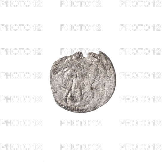 denarius, Boleslaw III Krzywousty (prince of Poland; 1086–1138), allegories, equal-armed cross, crosses, jaws, spearhead (issue mark), chain mail, martyrs, knight, Romanesque (style), dragons, Middle Ages, dragon, fight between good and evil, fight against pagans, spear, Adalbert (Saint; ca. 956–997), spears. Obv.: In the beaded border, a knight in chain mail thrusting a spearhead into the jaws of a dragon turned upside down. Rv.: In the triple beaded border, an isosceles cross topped with balls; at the intersection of the arms, a ball; between the arms, one ball. ca. 1125–1138. Poland, Kraków. Coin. Diameter 11.4–12.6 mm. Weight 0.22 g.