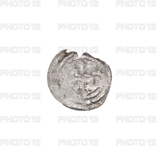 denarius, Boleslaw III Krzywousty (prince of Poland; 1086–1138), allegories, equal-armed cross, crosses, jaws, spearhead (issue mark), chain mail, martyrs, knight, knights, Romanesque (style), dragons, Middle Ages, dragon, fight between good and evil, fight against pagans, spear, Adalbert (Saint; ca. 956–997), spears. Obv. In the beaded border, a knight in chain mail thrusting a spearhead into the jaws of a dragon turned upside down. Rv. In the triple beaded border, an isosceles cross topped with balls; at the intersection of the arms, a ball; between them, one ball. ca. 1125–1138. Poland, Kraków. Coin. Diameter 11.4–12.6 mm; weight 0.22 g.