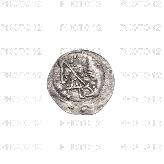 denarius, Boleslaw III Krzywousty (prince of Poland; 1086–1138), allegories, spearhead (issue mark), equal-armed cross, chain mail, crosses, jaws, martyrs, knight, Romanesque (style), dragons, Adalbert (St.; ca. 956–997), knights, dragon, Middle Ages, fight between good and evil, spear, spears. Obv. In the beaded border, a knight in chain mail thrusting a spearhead into the jaws of a dragon turned upside down. A ball under the knight's right elbow. Rv. In the triple beaded border, an isosceles cross topped with balls (three of them with one dot each). At the intersection of the arms, a ball with a dot. Between them, one ball (each with one dot). ca. 1125–1138, Poland, Kraków, coin, diameter 12.4–12.9 mm, weight 0.44 g