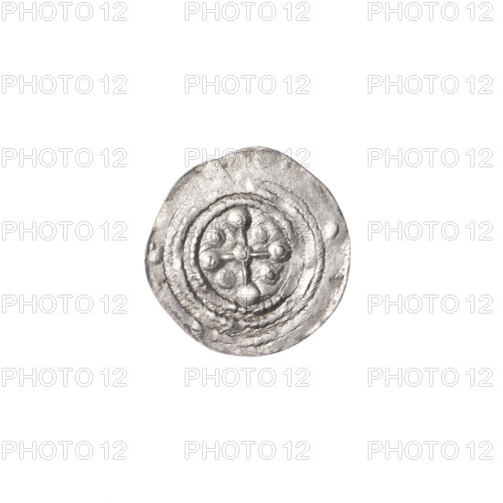 Denarius, Boleslaw III Krzywousty (prince of Poland; 1086–1138). Obv.: within a beaded border, a knight in chain mail thrusting a spearhead into the jaws of an upside-down dragon; a ball under the knight's right elbow. Rv.: within a triple beaded border, an isosceles cross topped with balls (three of them with one dot each); at the intersection of the arms, a ball with a dot; between the arms, single balls each with one dot. Allegorical imagery: knights, dragons, fight between good and evil, fight against pagans; motifs include spear(s), equal-armed cross, chain mail. Romanesque style. Associated figures: Adalbert (St.; ca. 956–997). Date: ca. 1125–1138. Place: Poland, Kraków. Medium: coin (denarius). Diameter: 12.4–12.9 mm. Weight: 0.44 g.