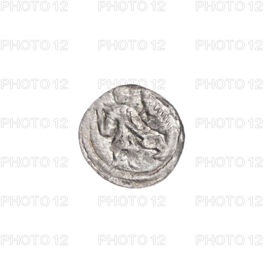denarius, Boleslaw III Krzywousty (prince of Poland; 1086–1138), spearhead (issue mark), chain mail (iconographic), equal-armed cross (iconographic), crosses, chain mail, mouth (iconographic), martyrs, knight (iconographic), dragons, Romanesque (style), knights, fight between good and evil (iconographic), Middle Ages, dragon (iconographic), fight against pagans (iconographic), mouths, spear (iconographic), Adalbert (Saint; ca. 956–997), Obverse: in the beaded border, a knight in chain mail thrusting a spearhead into the jaws of an upside-down dragon; between the knight's legs, probably a dot (effacement). Reverse: in the triple beaded border, an isosceles cross topped with balls; between its arms, one ball (one of them has a dot). ca. 1125–1138, Poland, Kraków, coin, diameter 11.9–12.3 mm, weight 0.37 g