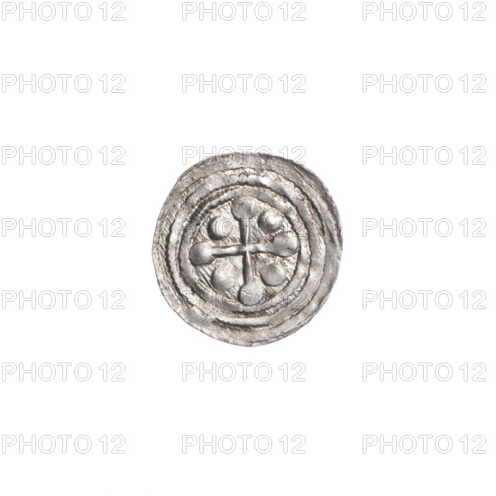 Denarius of Boleslaw III Krzywousty (prince of Poland; ca. 1125–1138). Obverse: in a beaded border, a knight in chain mail thrusting a spearhead into the jaws of an upside-down dragon; between the knight's legs possibly a dot (effacement). Reverse: in a triple beaded border, an isosceles cross topped with balls; between its arms, one ball (one of them has a dot). Iconography: spearhead, chain mail, equal-armed cross, crosses, mouth, martyrs, knight, dragons; Romanesque style; themes of knights, fight between good and evil, fight against pagans; reference to Saint Adalbert. Minted in Kraków, Poland. Coin; silver; diameter 11.9–12.3 mm; weight 0.37 g.