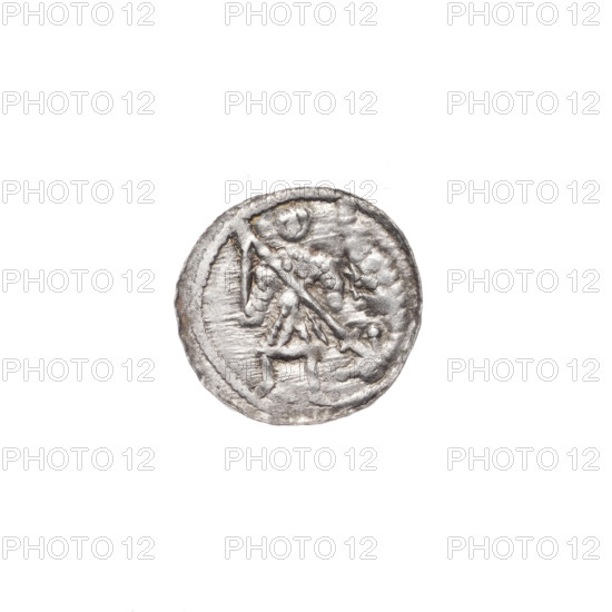 Denarius, Boleslaw III Krzywousty (prince of Poland; 1086–1138). Obverse (beaded border): a knight in chain mail thrusting a spearhead into the jaws of an upside-down dragon. Reverse (triple beaded border): an isosceles cross topped with balls; three balls between its arms; one arm intersects the other at approximately 1/3 of its length. Allegorical imagery: knights, dragons, fight between good and evil; motifs include chainmail, spearhead, spears, equal-armed cross, crosses, mouths, martyrs, knight, Adalbert (Saint; ca. 956–997), Romanesque style. Date: ca. 1125–1138. Place: Kraków, Poland. Coin: denarius; diameter approx. 12.1–12.6 mm; weight 0.35 g.